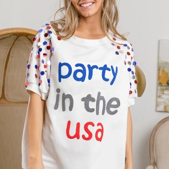 BiBi Party In The Usa Spangle Puff Sleeves Top - Picture 1 of 16